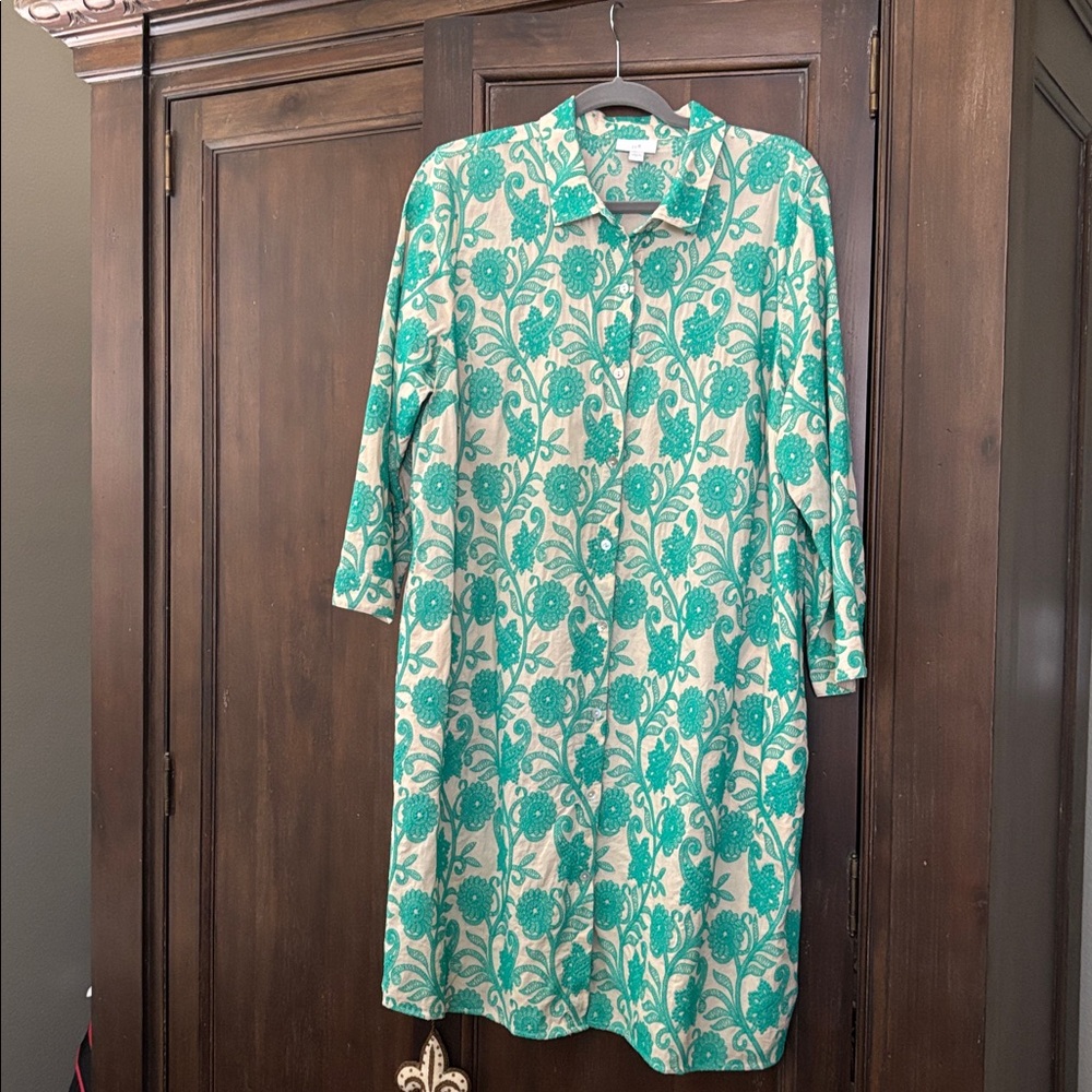 J.Jill Floral Green and Cream Dress Large
